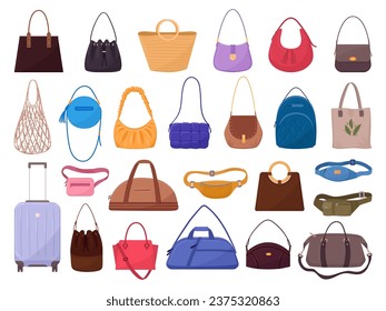 Stilvolle Frauentaschen. Ledertaschen, Shopper, Sattel, Tote, Portemonnaie und Taille, modische Frauenzubehör, flaches Vektorgrafik-Set. Moderne Kollektion weiblicher Accessoires