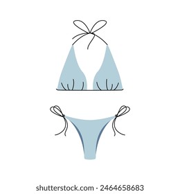 Stylish woman bikini swimsuit. Fashionable female swimwear, colorful flat bikini top and panties with ties for summer vacation. Vector illustration.