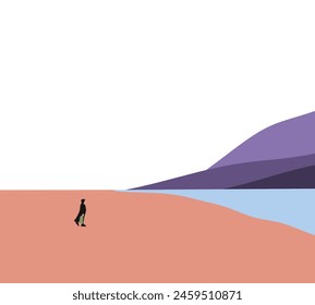 Stylish Woman in black cloth looking at the sea and standing on the beach. Enjoying holiday vacation. Minimalism.