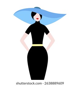 Stylish woman in black dress with blue hat, vector illustration.