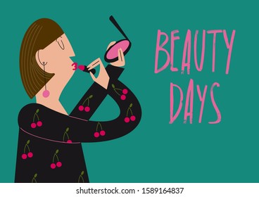 Stylish woman in a black dress with cherry print makes a make up. Fashion model holds a powder with a mirror and a red lipstick. Beauty days poster. Flat vector illustration. Fashion card.