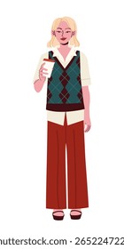 Mulher elegante com cabelo loiro segurando uma xícara de café take-away, roupa casual com colete argyle e calças floridas, no fundo branco. Conceito de estilo de vida diário. Ilustração vetorial