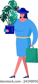 Stylish woman in blue dress and hat carries plant and shopping bag. Fashionable female shopper with houseplant. Urban fashion and eco-friendly shopping concept vector illustration.