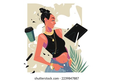 Stylish woman in casual clothes with graphics tablet vector illustration. Female graphic designer flat style concept