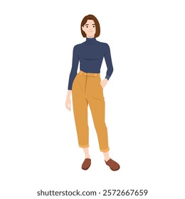 Stylish Woman in Casual Outfit with Confident Pose. Flat vector illustration isolated on white background