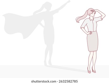 Uma mulher elegante em uma roupa profissional chique se destaca com confiança, exalando força com uma silhueta heroica atrás dela
