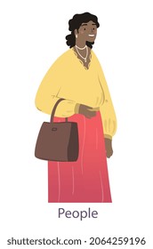 Stylish woman concept. Beautiful smiling female character in yellow shirt and red skirt. Girl holding bag in her hand. Successful employee. Avatar for social network. Cartoon flat vector illustration