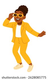 Stylish woman dancing in a bright yellow suit and sunglasses, smiling confidently. Fun and empowering flat vector illustration perfect for fashion content, celebration graphics, music and party