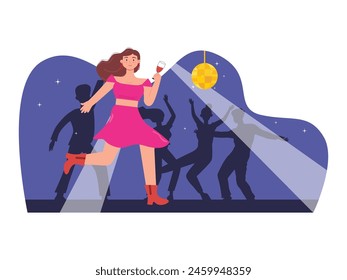 Stylish woman dancing in a nightclub with a glass of alcohol. Vector flat illustration. Character design