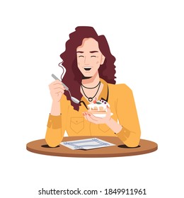 Mujer de diseño con mucho gusto sentada en la mesa en la cafetería o en el restaurante. Vector sonriente caucásico comiendo galleta de vainilla con personaje de caricatura de cerezo plano. Niña disfrutando de postre dulce, cuchara en mano