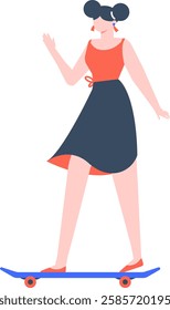 Stylish woman with double bun hairstyle riding a skateboard and waving, enjoying outdoor activity, promoting healthy lifestyle and urban transportation