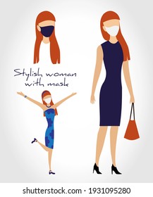Stylish woman in dress with bag and wearing face mask. Redhead girl portrait avatars and two different body poses. Vector flat concept to prevent virus COVID-19.