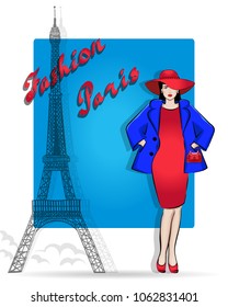 Stylish woman in dress and hat on the Paris street.Vector illustration.