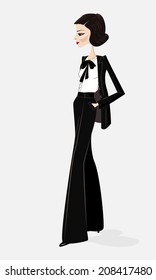 Stylish woman dressed in male suit. Vector illustration.