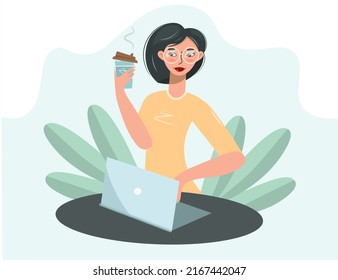 Stylish woman drinking coffee from a plastic cup while working. Cute brunette in glasses with a laptop. The girl takes a coffee break. Work, study, rest. Freelance. Vector isolated in flat style.