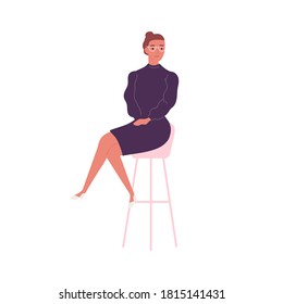 Stylish woman in elegant dress sitting on bar chair vector flat illustration. Trendy business female in glasses and feminine apparel isolated on white. Cute businesswoman or office worker