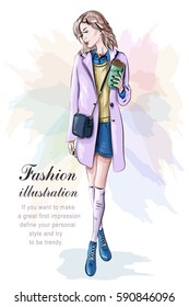 Stylish woman in fashion clothes with bag. Sketch. Vector illustration.