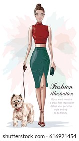 Stylish woman in fashion clothes with little dog. Beautiful fashion woman with hand bag. Sketch. Vector illustration.