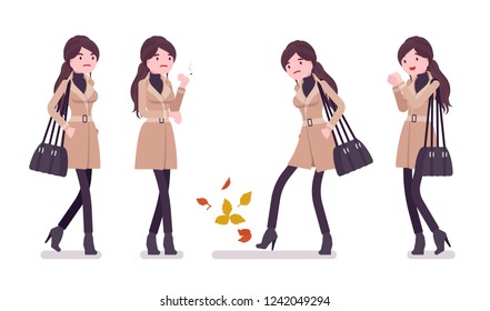 Stylish woman feeling cold, wearing autumn clothes, classic short beige coat and accessories. Fall outfits for women concept. Vector flat style cartoon illustration isolated on white background