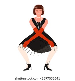 A stylish woman in glamorous 1920s flapper fashion, showcasing elegance and flair alongside captivating beauty