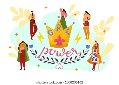 Stylish woman group, girl power together vector illustration. Young female people in trendy feminism way, flat style. Happy feminist character design. Cute person strong activist friendship.