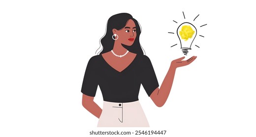 A stylish woman having an idea ,minimalistic flat vector illustration with plain background.