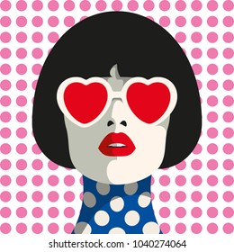 Stylish woman with heart glasses and bob haircut. Seamless geometric pattern. Dot pattern.