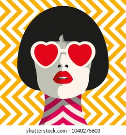 Stylish woman with heart glasses and bob haircut. Seamless geometric pattern. Herringbone pattern.