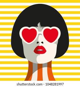 Stylish woman with heart glasses and bob haircut. Seamless geometric pattern. Stripe pattern.