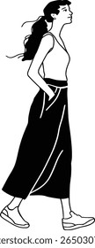 Stylish woman with her hands in pockets, simple black and white summer street style sketch.