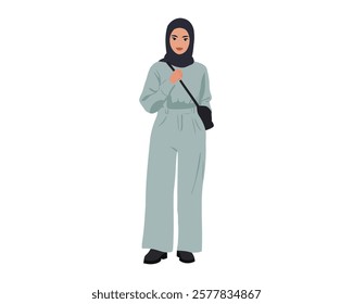 Stylish Woman in Hijab, Minimalist Illustration of Casual Modest Fashion with Jumpsuit