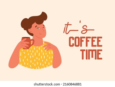 Mujer elegante sosteniendo una taza. Es una tarjeta de tiempo de café, afiche con feliz mujer en estilo retro. Diseño de época. Una persona relajante. Ilustración vectorial.