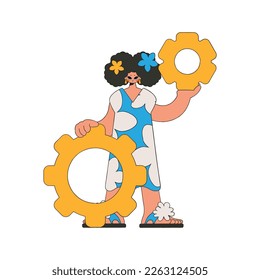 Stylish woman holding gears. Idea theme.