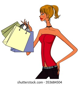 stylish woman holding shopping bags