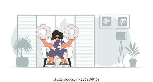 Stylish woman holds gears in her hands. Illustration on the theme of the appearance of an idea.