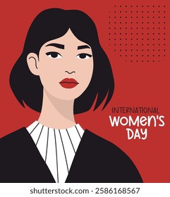 Stylish Woman. Holiday Women's Day March 8 poster. Modern Minimalist Female Portrait on red background. Vector illustration. Celebration and feminism concept