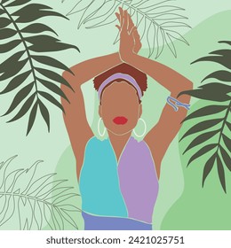 A stylish woman with a hoop on her head and ring earrings is meditating. Fashionable woman with a bracelet on her wrist is engaged in mental health. Illustration 10 EPS