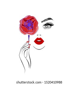 Stylish woman is keeping a flower in her hand and closing eye, beautiful face, red lips, lush eyelashes, red nails manicure art. Beauty logo. Vector illustration, wallpaper background print.  