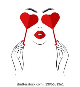 Stylish woman is keeping paper hearts in her hands and closing eyes, beautiful face, red lips, lush eyelashes, red nails manicure art. Beauty logo. Vector illustration, wallpaper background print.