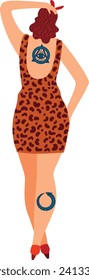 Mujer con estilo vestida con papel de leopardo y tacones rojos. Niña con el pelo ondulado y tatuaje. Ilustración vectorial de moda y estilo retro.