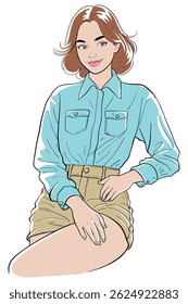 Stylish woman in a light blue button-down shirt and khaki shorts, sitting in a casual yet confident pose. This chic digital drawing showcases an attractive young female.