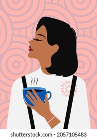 Stylish woman with long black hair and a cup of aromatic coffee is relaxed and enjoying life. Fashionable girl with a bracelet on her hand is engaged in mental health. Vector.