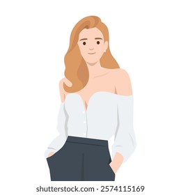 Stylish woman with long blonde hair, wearing an off the shoulder white blouse and dark pants. Flat vector illustration isolated on white background