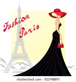 Stylish woman in long dress and hat on a Paris street.Vector illustration.