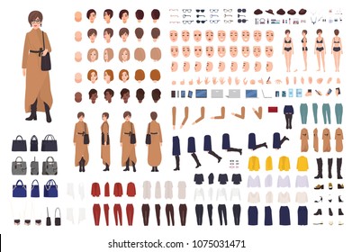 Stylish woman of middle ages constructor or DIY kit. Collection of female cartoon character body parts, facial expressions, clothing and accessories isolated on white background. Vector illustration