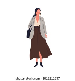 Stylish woman in modern outfit vector flat illustration. Elegant female in skirt and jacket standing holding handbag isolated on white. Adorable person in street style with trendy accessories