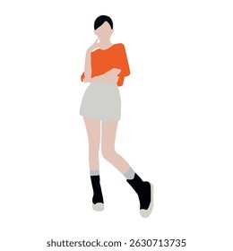 Stylish Woman in Orange Top and Skirt Flat Vector Illustration, Contemplative Young Woman in Modern Attire Solid Color Design