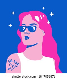 Сlassy and stylish woman with pink hair an tattoo in sunglasses. Contemporary art style illustration.