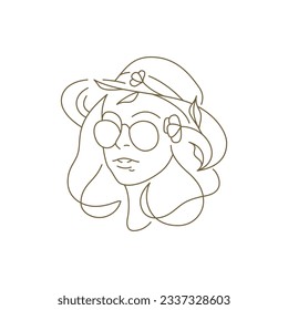 Stylish woman portrait in hat with flowers and sunglasses continuous line art logo vector illustration. Fashion female face trendy headdress with blossom botanical decor element icon for beauty vogue