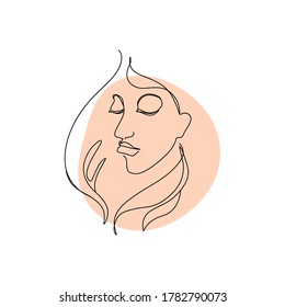 Stylish woman portrait in one line. Hand-drawn sketch. Minimalism style. Face and long hair hair. Black line on white isolated background. For logos, beauty products, cosmetics